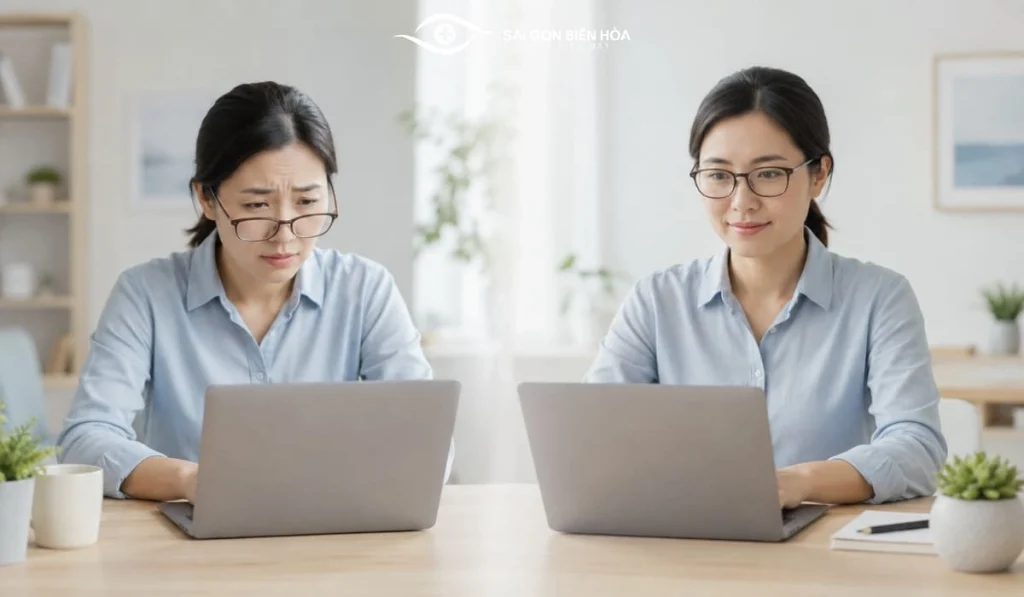 Nheo mắt, mỏi mắt hoặc kính không còn phù hợp có thể khiến vùng mắt trông nhỏ và kém linh hoạt hơn.