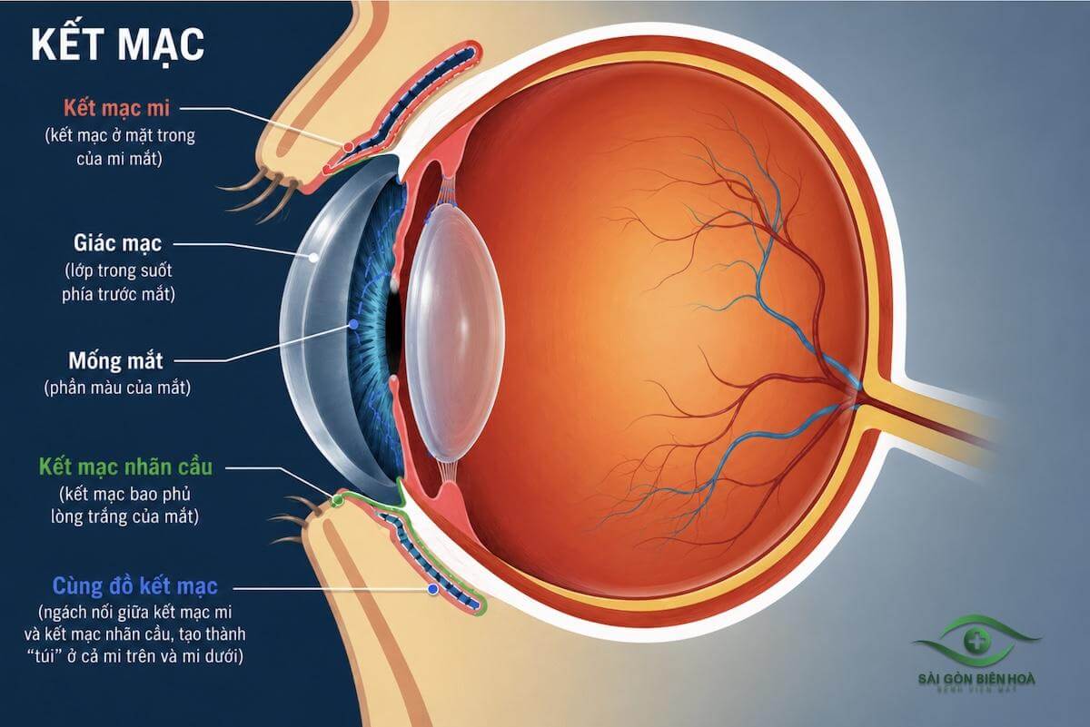 Kết mạc gồm kết mạc mi, kết mạc nhãn cầu và kết mạc cùng đồ