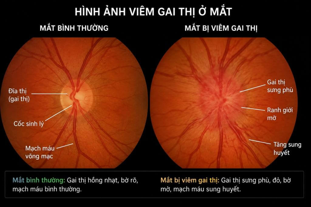 Viêm gai thị là tình trang sưng đầu dây thần kinh ở mắt