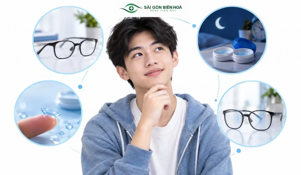 Khi chưa đủ điều kiện phẫu thuật, người 17 tuổi vẫn có thể giảm phụ thuộc kính bằng các giải pháp như kính gọng, Ortho-K, kính áp tròng mềm hoặc tròng kiểm soát cận thị.