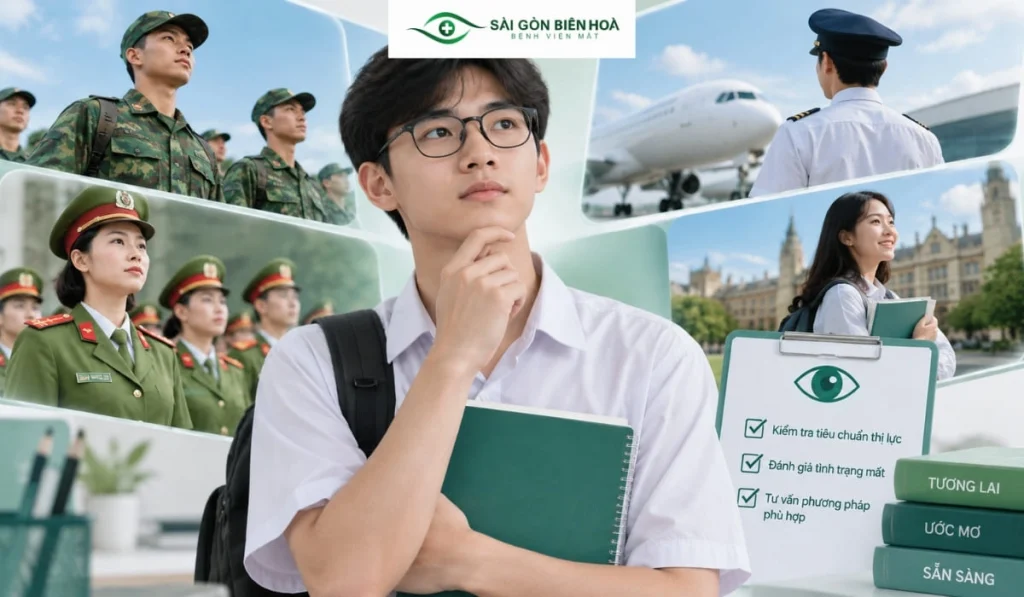 Nhu cầu thi công an, quân đội, phi công hoặc đi du học không đồng nghĩa người 17 tuổi có thể mổ cận sớm, cần kiểm tra tiêu chuẩn thị lực và đánh giá chuyên môn trước.