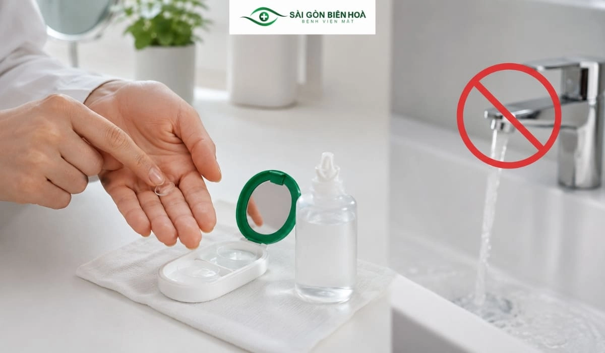 Kính Ortho-K phải được làm sạch và khử khuẩn đúng hướng dẫn, không rửa hoặc bảo quản bằng nước máy.
