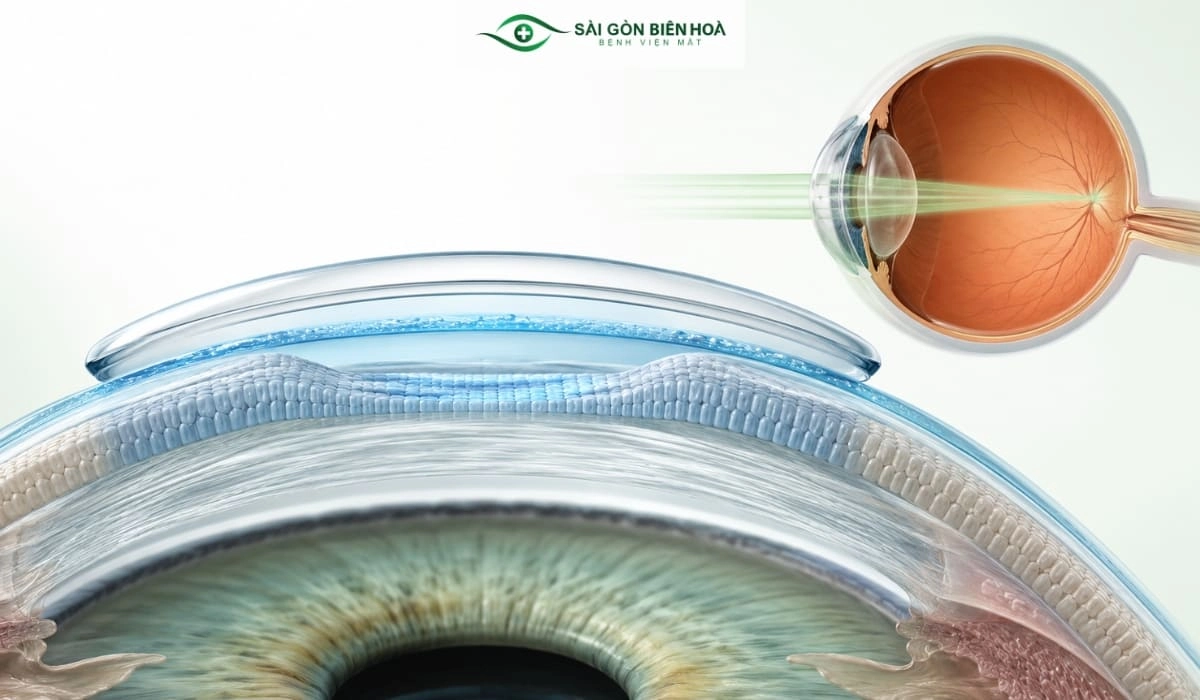 Ortho-K làm thay đổi tạm thời phân bố biểu mô giác mạc để điều chỉnh thị lực sau khi tháo kính.