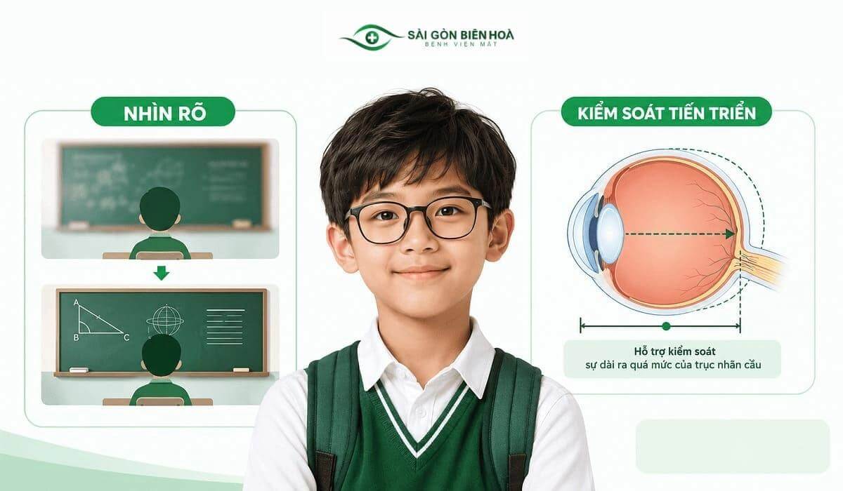 Tròng kính kiểm soát cận thị vừa giúp trẻ nhìn rõ, vừa hỗ trợ làm chậm tiến triển cận thị.